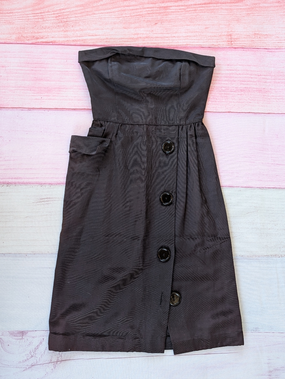 Vintage Popi Black Strapless Pleated Button Side Pocket‎ Party Dress XS